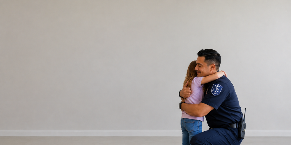 EMT hugging child banner 3