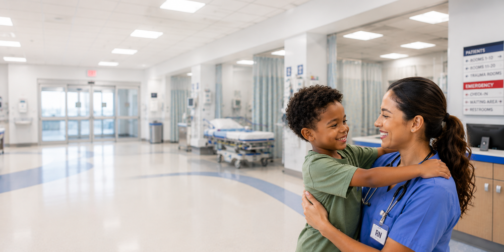Child and nurse embracing in ED