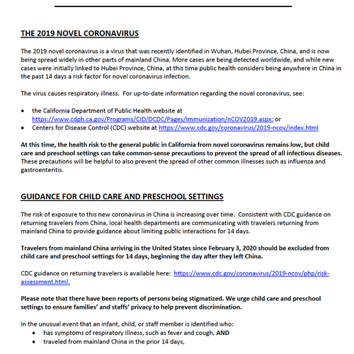 2019 Novel Coronavirus: Guidance for Child Care and Preschool Settings