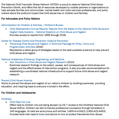 NCTSN: National Child Abuse Prevention Month (April 2020)